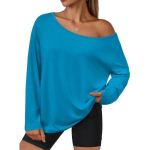 imageTrendy Queen Womens Off The Shoulder Tops Oversized Tshirts Long Sleeve 2025 Casual Basic TeesRoyal Blue