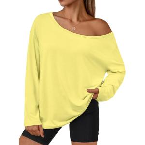 imageTrendy Queen Womens Off The Shoulder Tops Oversized Tshirts Long Sleeve 2025 Casual Basic TeesYellow