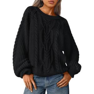 imageTrendy Queen Womens Oversized Cable Knit Crewneck Fall Pullover SweatersBlack