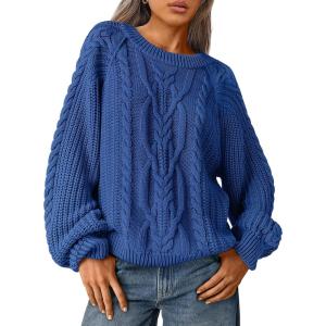 imageTrendy Queen Womens Oversized Cable Knit Crewneck Fall Pullover SweatersBlue