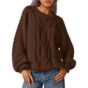 imageTrendy Queen Womens Oversized Cable Knit Crewneck Fall Pullover SweatersBrown
