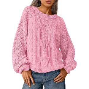 imageTrendy Queen Womens Oversized Cable Knit Crewneck Fall Pullover SweatersPink