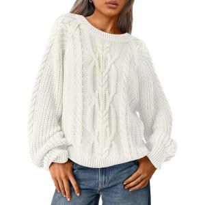 imageTrendy Queen Womens Oversized Cable Knit Crewneck Fall Pullover SweatersWhite