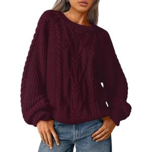 imageTrendy Queen Womens Oversized Cable Knit Crewneck Fall Pullover SweatersWine