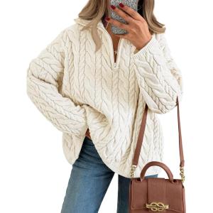 imageTrendy Queen Womens Oversized Cable Knit Quarter Zip Up Pullover SweatersCream