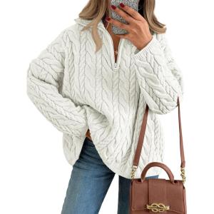 imageTrendy Queen Womens Oversized Cable Knit Quarter Zip Up Pullover SweatersOffwhite