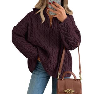 imageTrendy Queen Womens Oversized Cable Knit Quarter Zip Up Pullover SweatersWine