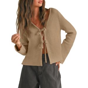imageTrendy Queen Womens Tie Front Tops Fall Cardigan Sweaters 2025 Fashion Crochet Crop Vacation Clothes Cute Y2K Casual OutfitsCoffeegrey