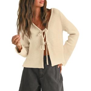 imageTrendy Queen Womens Tie Front Tops Fall Cardigan Sweaters 2025 Fashion Crochet Crop Vacation Clothes Cute Y2K Casual OutfitsCream