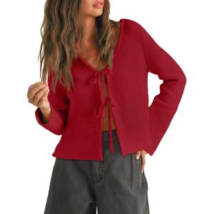 imageTrendy Queen Womens Tie Front Tops Fall Cardigan Sweaters 2025 Fashion Crochet Crop Vacation Clothes Cute Y2K Casual OutfitsRed