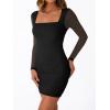 imageTrendy Queen Mesh Long Sleeve Square Neck Dress for Women Sexy Party Club Ruched Bodycon Mini DressesBlack