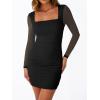 imageTrendy Queen Mesh Long Sleeve Square Neck Dress for Women Sexy Party Club Ruched Bodycon Mini DressesBlack