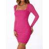 imageTrendy Queen Mesh Long Sleeve Square Neck Dress for Women Sexy Party Club Ruched Bodycon Mini DressesHot Pink