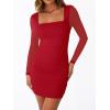 imageTrendy Queen Mesh Long Sleeve Square Neck Dress for Women Sexy Party Club Ruched Bodycon Mini DressesRed