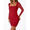 imageTrendy Queen Mesh Long Sleeve Square Neck Dress for Women Sexy Party Club Ruched Bodycon Mini DressesRed