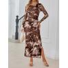 imageTrendy Queen Womens Floral Print Bodycon Ruched Dress Fall Long Sleeve Maxi Wedding Guest Dresses with Side SlitCoffee