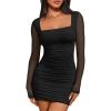 imageTrendy Queen Mesh Long Sleeve Square Neck Dress for Women Sexy Party Club Ruched Bodycon Mini DressesBlack
