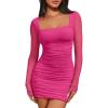 imageTrendy Queen Mesh Long Sleeve Square Neck Dress for Women Sexy Party Club Ruched Bodycon Mini DressesHot Pink