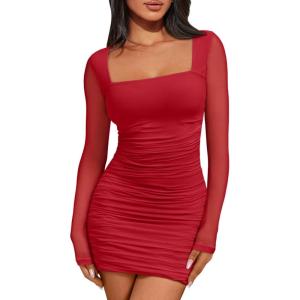 imageTrendy Queen Mesh Long Sleeve Square Neck Dress for Women Sexy Party Club Ruched Bodycon Mini DressesRed