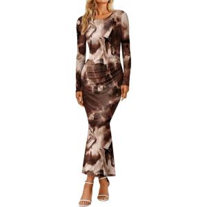 imageTrendy Queen Womens Floral Print Bodycon Ruched Dress Fall Long Sleeve Maxi Wedding Guest Dresses with Side SlitCoffee