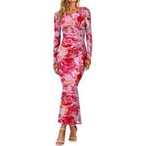 imageTrendy Queen Womens Floral Print Bodycon Ruched Dress Fall Long Sleeve Maxi Wedding Guest Dresses with Side SlitPink
