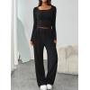 imageTrendy Queen 2 Piece Scoop Neck Lounge Set Womens Wide Leg Pants Side Ruching Slightly Crop Top Sweatsuit Sets With PocketsBlack