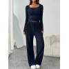 imageTrendy Queen 2 Piece Scoop Neck Lounge Set Womens Wide Leg Pants Side Ruching Slightly Crop Top Sweatsuit Sets With PocketsNavy