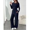 imageTrendy Queen Womens 2 Piece Matching Lounge Set Boat Neck Slim Fitted Top Wide Leg Pants Casual TracksuitsNavy