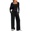 imageTrendy Queen 2 Piece Scoop Neck Lounge Set Womens Wide Leg Pants Side Ruching Slightly Crop Top Sweatsuit Sets With PocketsBlack