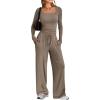 imageTrendy Queen 2 Piece Scoop Neck Lounge Set Womens Wide Leg Pants Side Ruching Slightly Crop Top Sweatsuit Sets With PocketsMocha