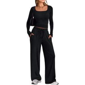 imageTrendy Queen 2 Piece Scoop Neck Lounge Set Womens Wide Leg Pants Side Ruching Slightly Crop Top Sweatsuit Sets With PocketsBlack