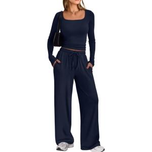 imageTrendy Queen 2 Piece Scoop Neck Lounge Set Womens Wide Leg Pants Side Ruching Slightly Crop Top Sweatsuit Sets With PocketsNavy