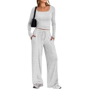 imageTrendy Queen 2 Piece Scoop Neck Lounge Set Womens Wide Leg Pants Side Ruching Slightly Crop Top Sweatsuit Sets With PocketsOatmeal Grey