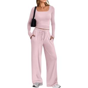 imageTrendy Queen 2 Piece Scoop Neck Lounge Set Womens Wide Leg Pants Side Ruching Slightly Crop Top Sweatsuit Sets With PocketsPastel Pink