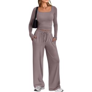 imageTrendy Queen 2 Piece Scoop Neck Lounge Set Womens Wide Leg Pants Side Ruching Slightly Crop Top Sweatsuit Sets With PocketsRose Taupe