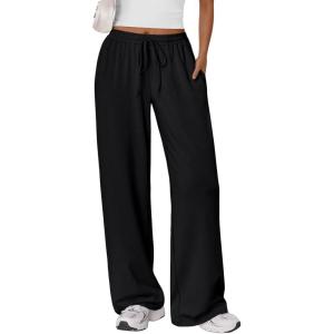 imageTrendy Queen Womens Lounge Pants Wide Leg Comfy Barrel Pajamas Pants Baggy Flowy 2025 Fall Fashion Outfits with PocketsBlack