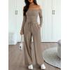 imageTrendy Queen 2 Piece Off Shoulder Lounge Set Womens Wide Leg Pants Side Ruching Slightly Crop Top SetsMocha