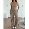 imageTrendy Queen 2 Piece Off Shoulder Lounge Set Womens Wide Leg Pants Side Ruching Slightly Crop Top SetsMocha