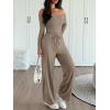 imageTrendy Queen 2 Piece Off Shoulder Lounge Set Womens Wide Leg Pants Side Ruching Slightly Crop Top SetsMocha
