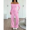 imageTrendy Queen 2 Piece Off Shoulder Lounge Set Womens Wide Leg Pants Side Ruching Slightly Crop Top SetsPink