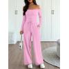 imageTrendy Queen 2 Piece Off Shoulder Lounge Set Womens Wide Leg Pants Side Ruching Slightly Crop Top SetsPink