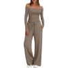imageTrendy Queen 2 Piece Off Shoulder Lounge Set Womens Wide Leg Pants Side Ruching Slightly Crop Top SetsMocha