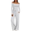 imageTrendy Queen 2 Piece Off Shoulder Lounge Set Womens Wide Leg Pants Side Ruching Slightly Crop Top SetsOatmeal Grey