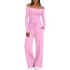 imageTrendy Queen 2 Piece Off Shoulder Lounge Set Womens Wide Leg Pants Side Ruching Slightly Crop Top SetsPink