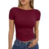 imageTrendy Queen Womens Boat Neck Tops Short Sleeve TShirts Slim Fitted Compression Summer Y2k Basic Clothes 2025Burgundy