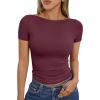 imageTrendy Queen Womens Boat Neck Tops Short Sleeve TShirts Slim Fitted Compression Summer Y2k Basic Clothes 2025Winered
