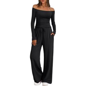 imageTrendy Queen 2 Piece Off Shoulder Lounge Set Womens Wide Leg Pants Side Ruching Slightly Crop Top SetsBlack