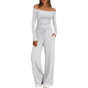 imageTrendy Queen 2 Piece Off Shoulder Lounge Set Womens Wide Leg Pants Side Ruching Slightly Crop Top SetsOatmeal Grey