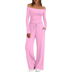 imageTrendy Queen 2 Piece Off Shoulder Lounge Set Womens Wide Leg Pants Side Ruching Slightly Crop Top SetsPink