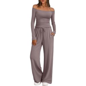 imageTrendy Queen 2 Piece Off Shoulder Lounge Set Womens Wide Leg Pants Side Ruching Slightly Crop Top SetsRose Taupe